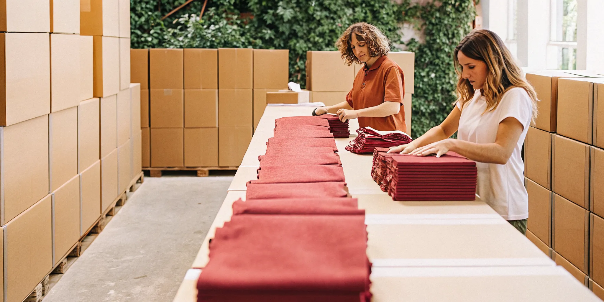 Fulfillment team assembling branded welcome kits with apparel and packaged gifts at a warehouse worktable