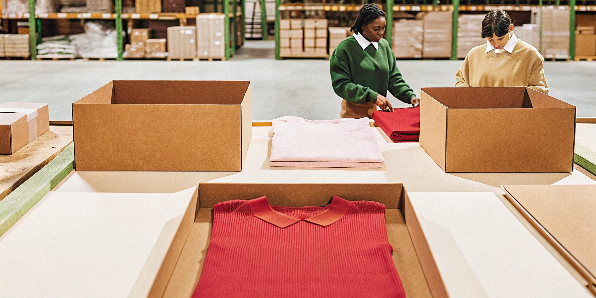 Corporate kitting and fulfillment team assembling premium branded merchandise kits