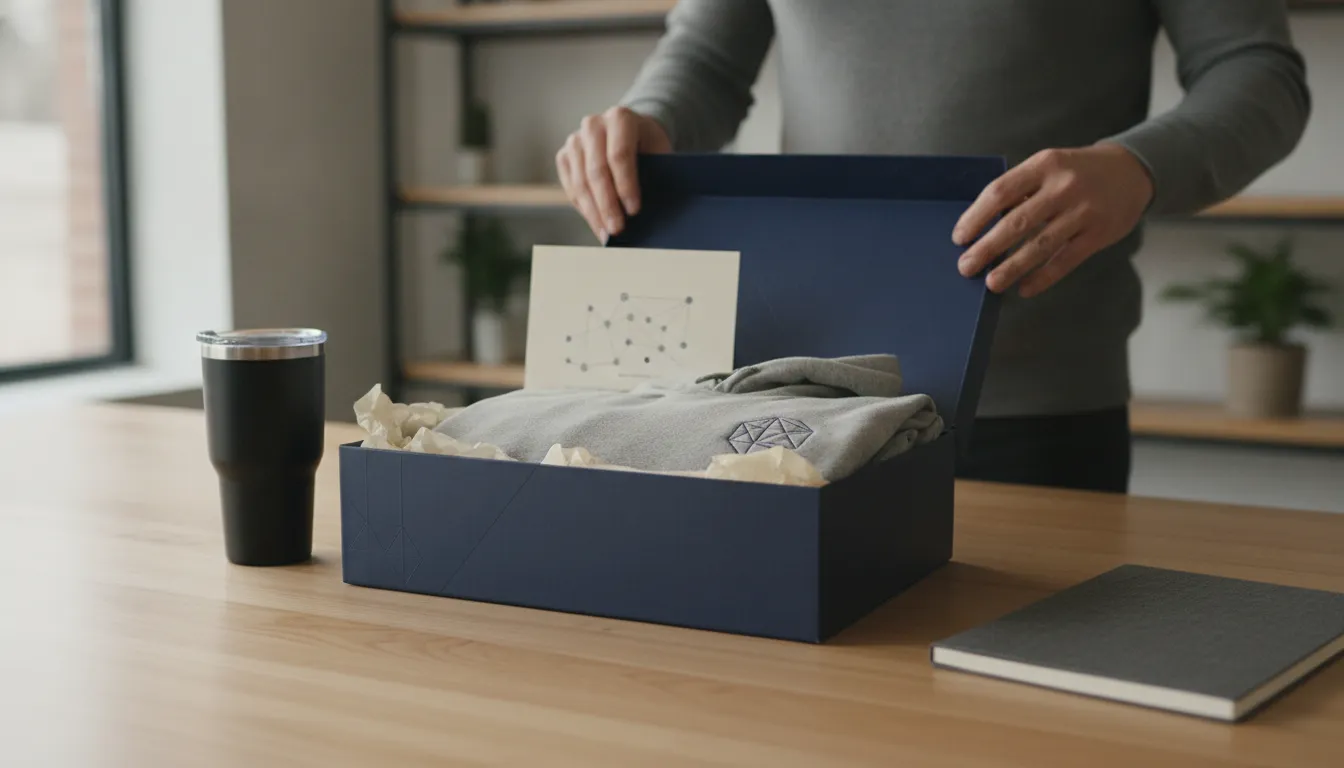 Branded corporate merchandise kit with custom tissue paper and a welcome card on a modern office desk
