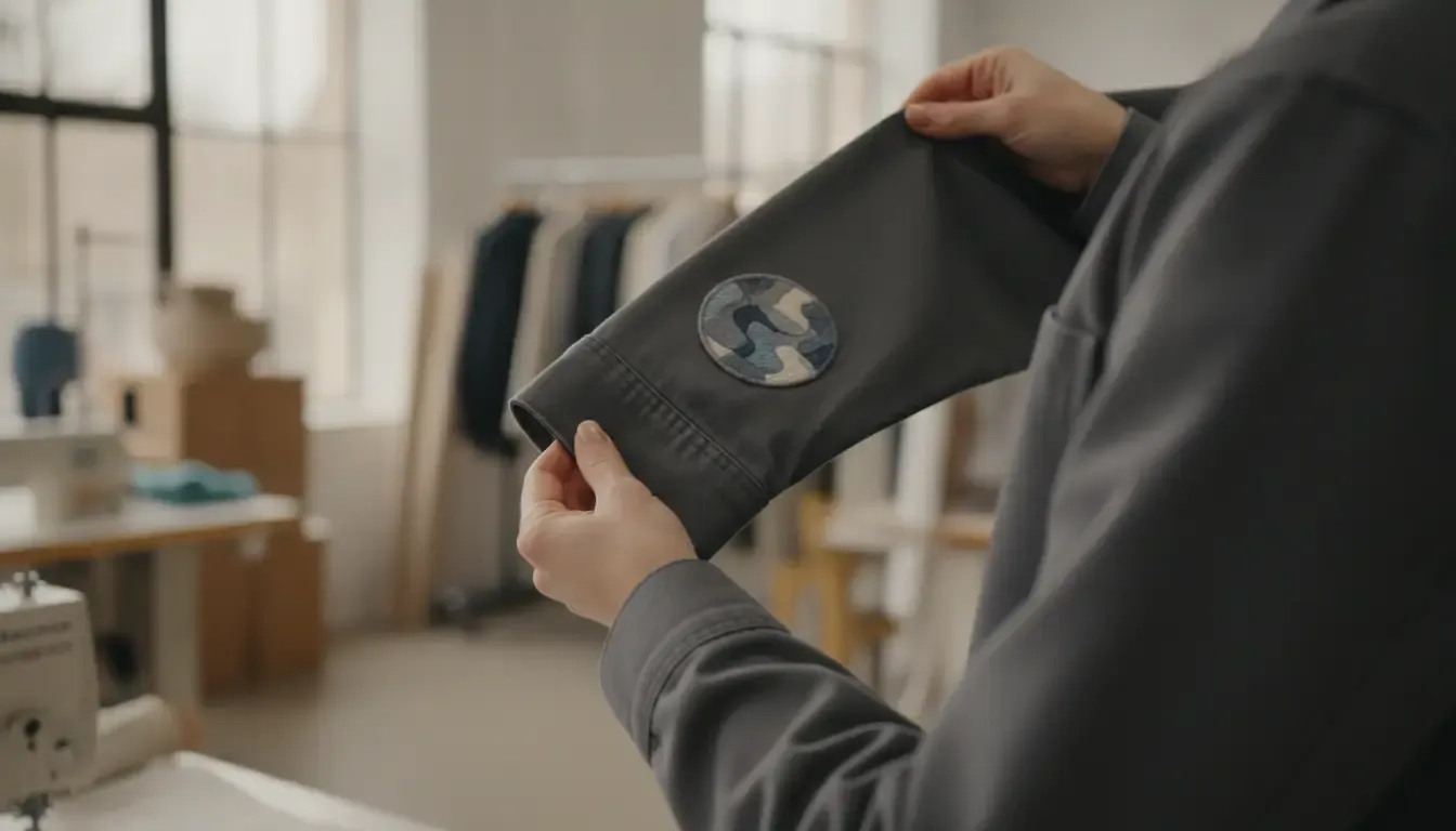 Specialist inspecting stitching and decoration on premium corporate apparel
