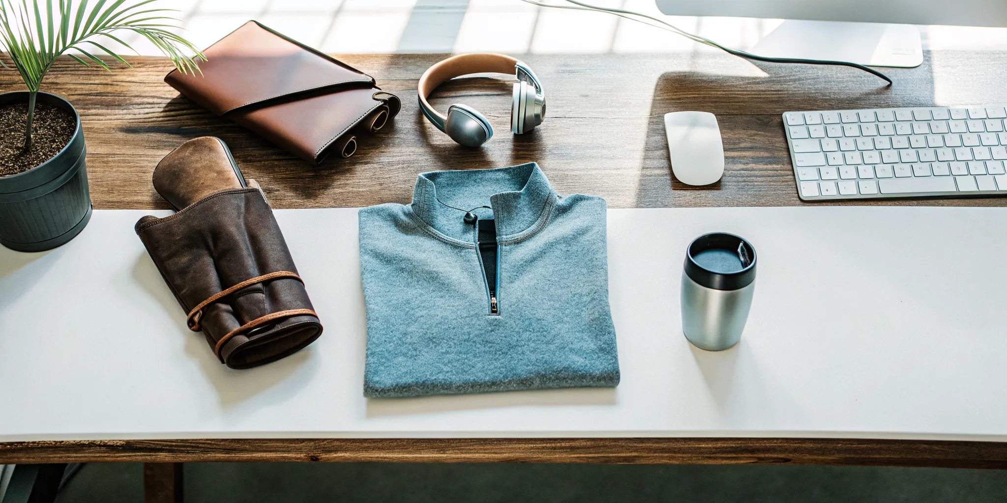 Premium branded corporate swag items including a quarter-zip pullover, YETI mug, and leather desk accessories arranged on a wooden table