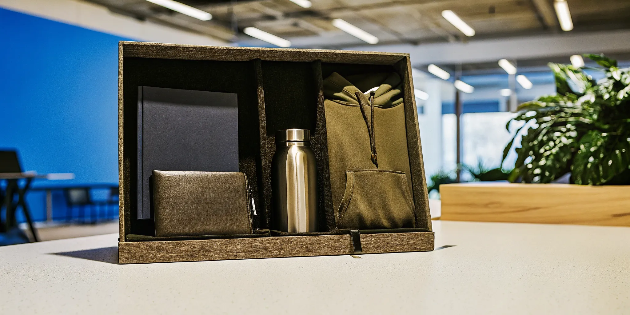 Professional corporate swag gift box with branded merchandise on a modern office desk