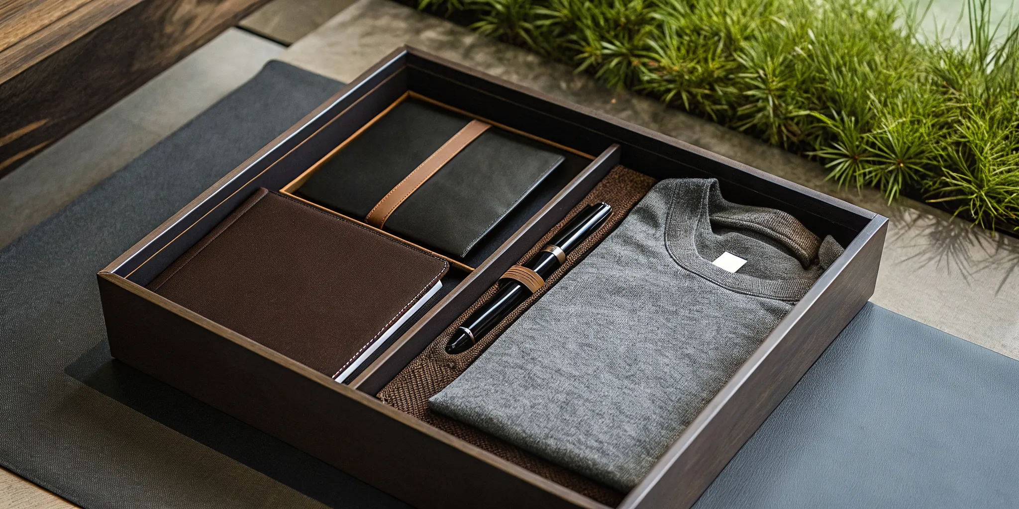 Starter, mid-tier, and premium branded welcome gift boxes arranged by budget tier on a clean desk