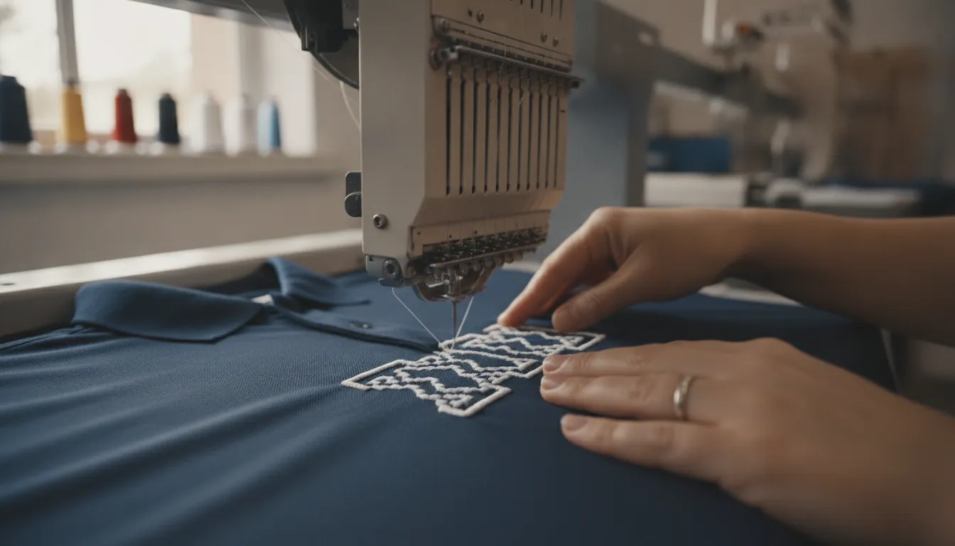 Close-up of an embroidered corporate logo being stitched on a navy polo shirt on an industrial embroidery machine
