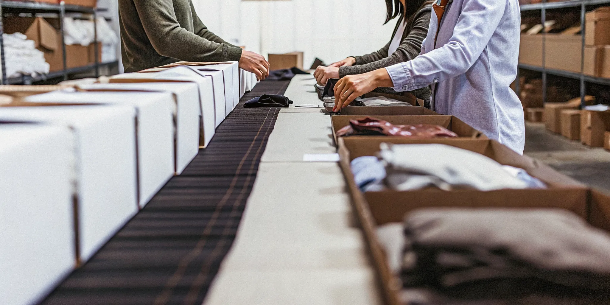 Swag kitting for corporate events: assembled attendee kits with branded apparel and merchandise on a packing table