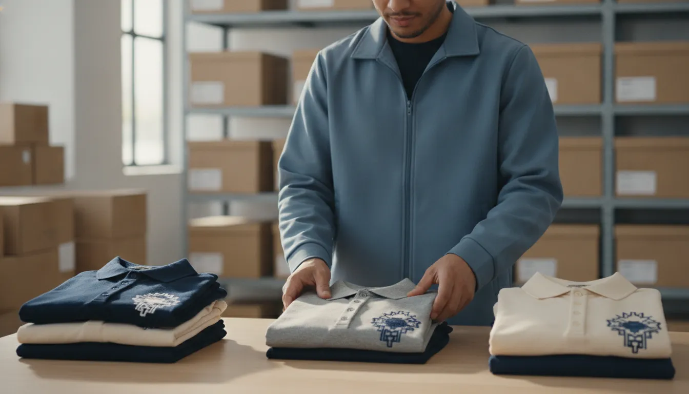 Neatly folded embroidered corporate polos stacked in a bright fulfillment center ready for distribution