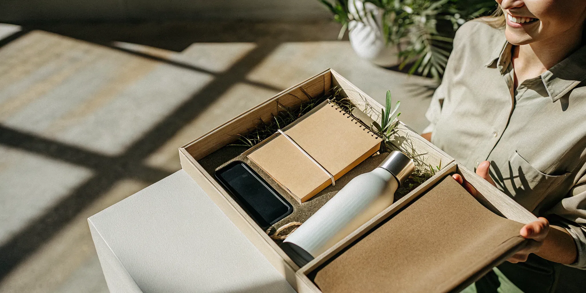 A smiling corporate employee opening a custom branded kitted onboarding box as part of an optimized company store budgeting enterprise program