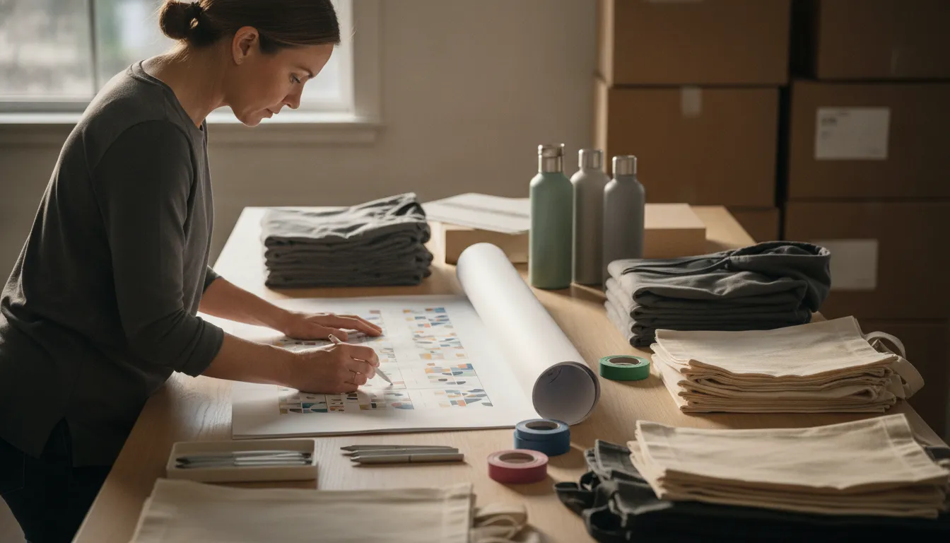 Merchandise coordinator reviewing a proof beside promotional items for a corporate event