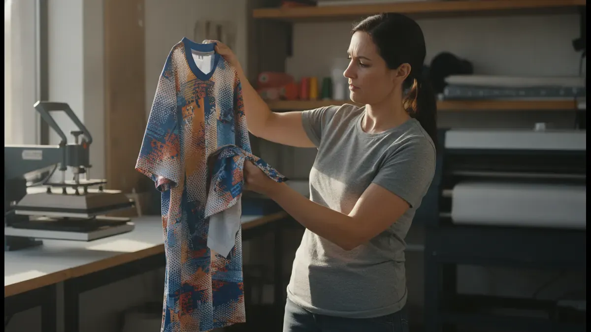 Production specialist checking a sublimation print on corporate polyester apparel