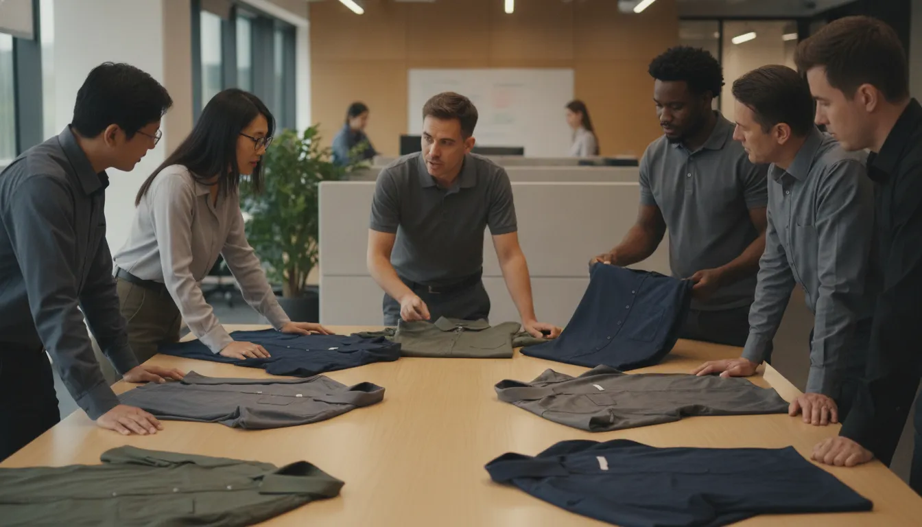 Employees reviewing coordinated custom apparel options