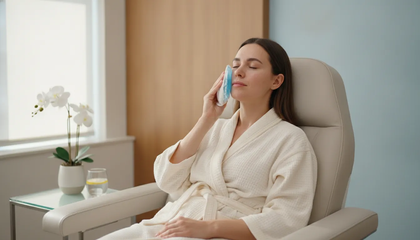 Woman applying a cool compress to her face after injectable treatment at a modern medical spa, following post injectable skincare aftercare guidelines