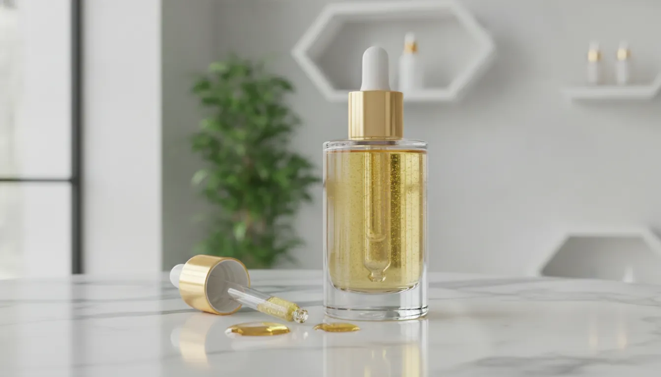 Luxury vitamin C serum dropper bottle with golden oil texture displayed on marble surface