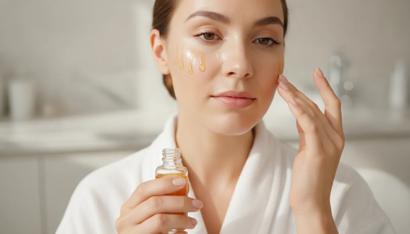 Woman with glowing radiant skin gently applying serum, clean natural lighting
