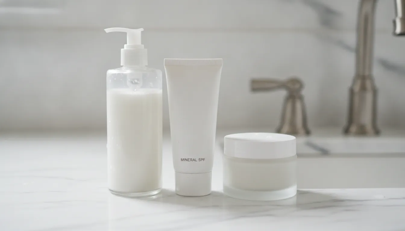 Gentle cleanser, mineral SPF sunscreen, and fragrance-free moisturizer arranged on a bathroom counter for post injectable skincare aftercare