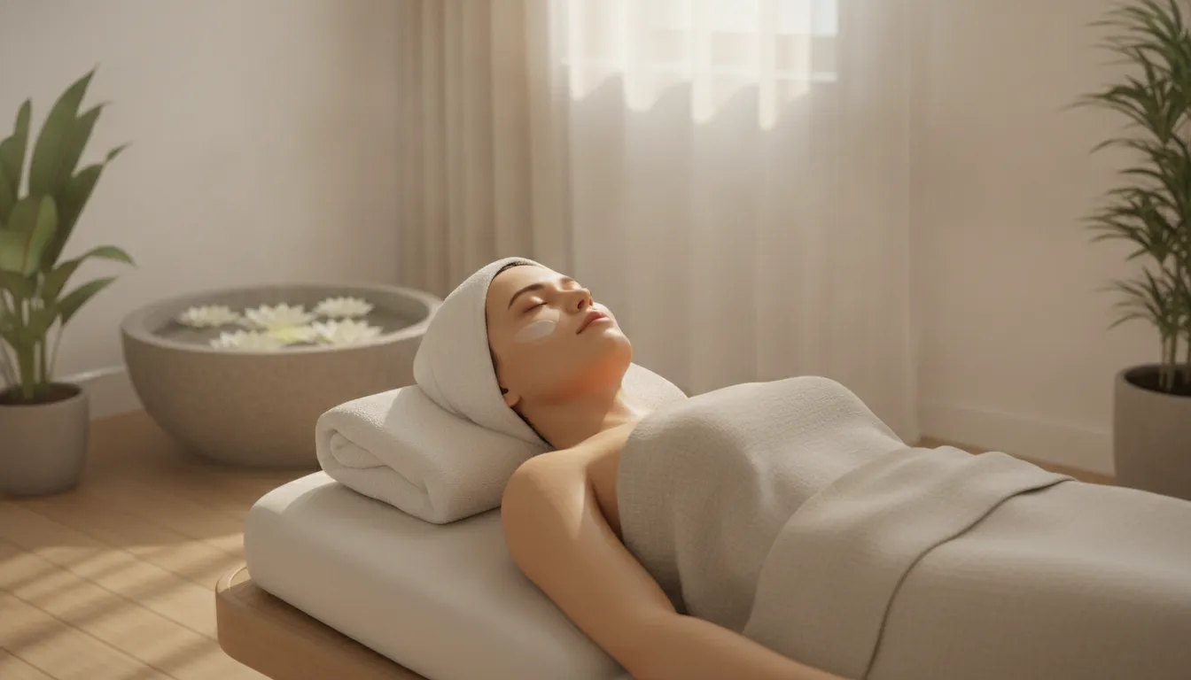 Woman relaxing during a gentle hydrating facial in a calm spa setting
