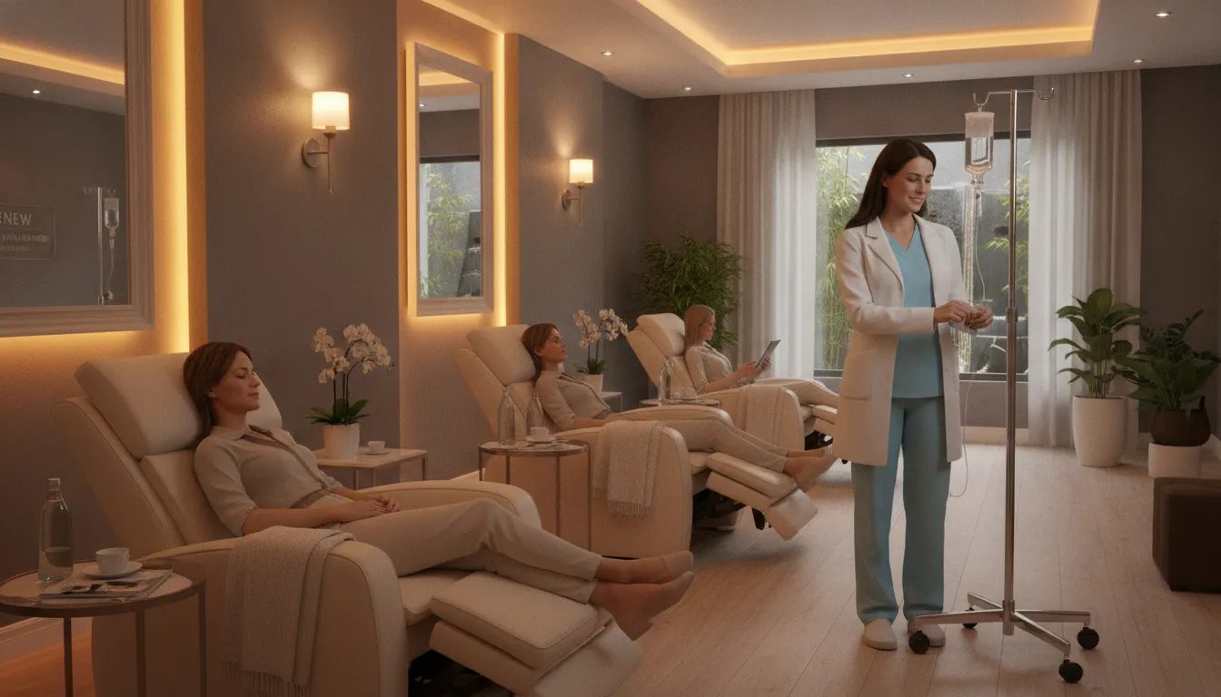 A calm IV drip lounge with reclining chairs where clients receive vitamin therapy treatments from medical professionals