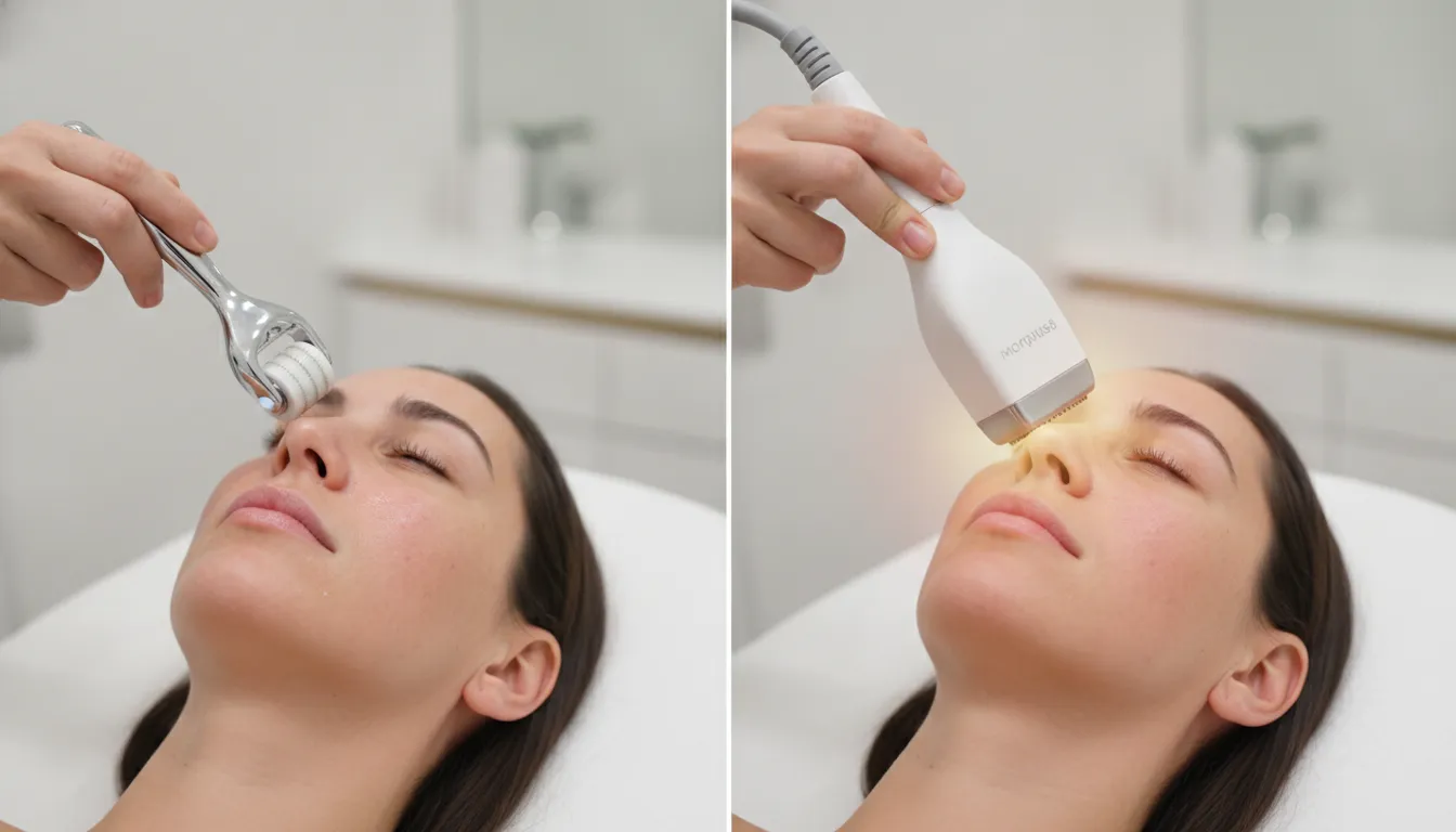 Morpheus8 RF microneedling treatment in a modern Sewickley med spa, showing the device delivering radiofrequency energy to deep tissue layers