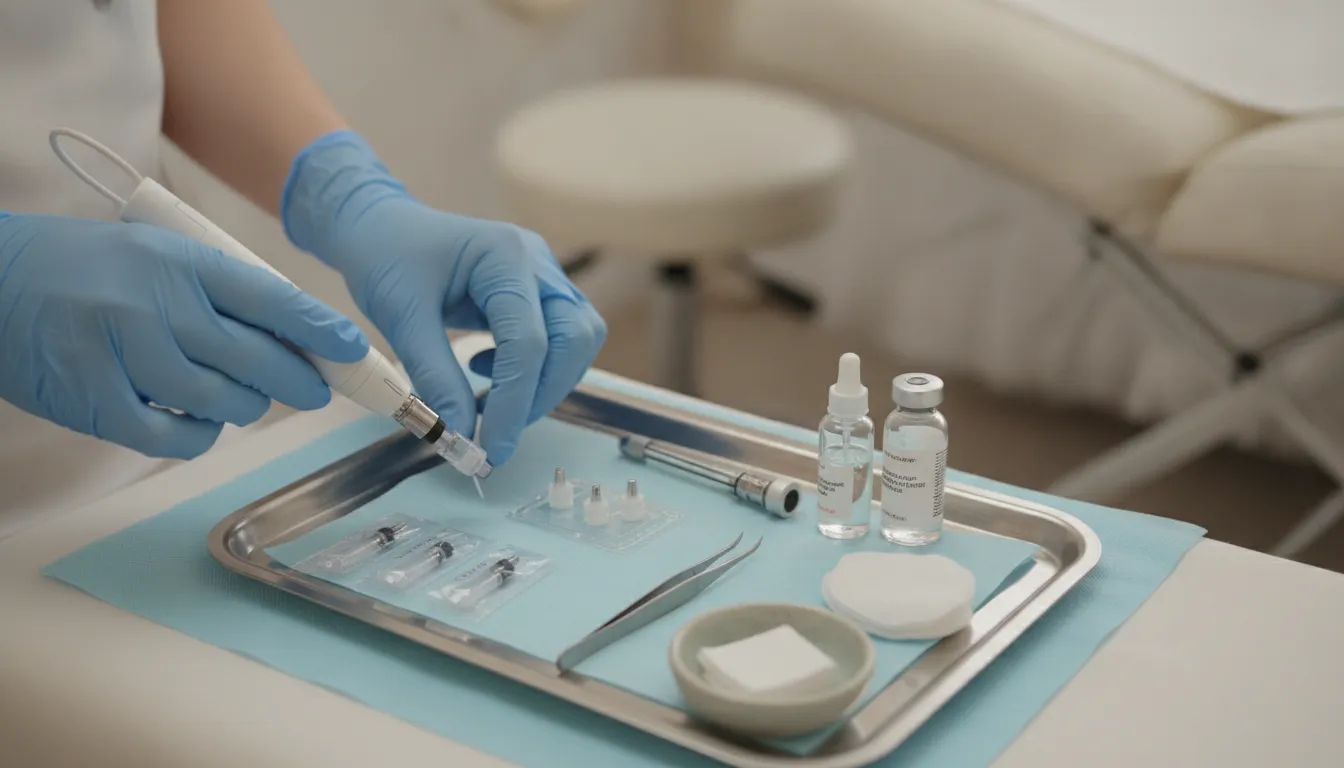 Provider preparing PDGF treatment Pittsburgh microneedling supplies in a medical spa treatment room