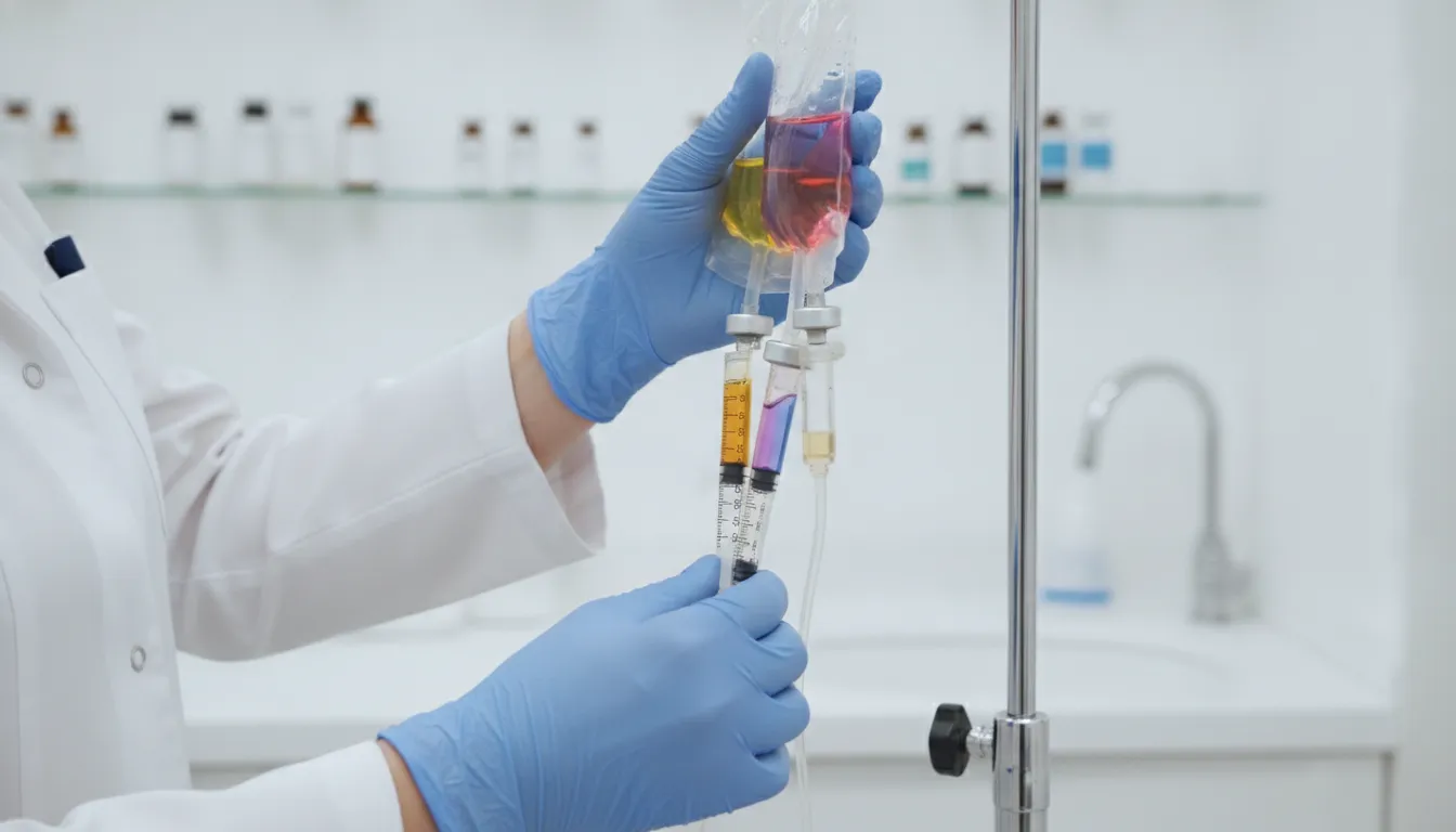A medical professional preparing an IV drip with vitamin solutions in a clean medical spa treatment room