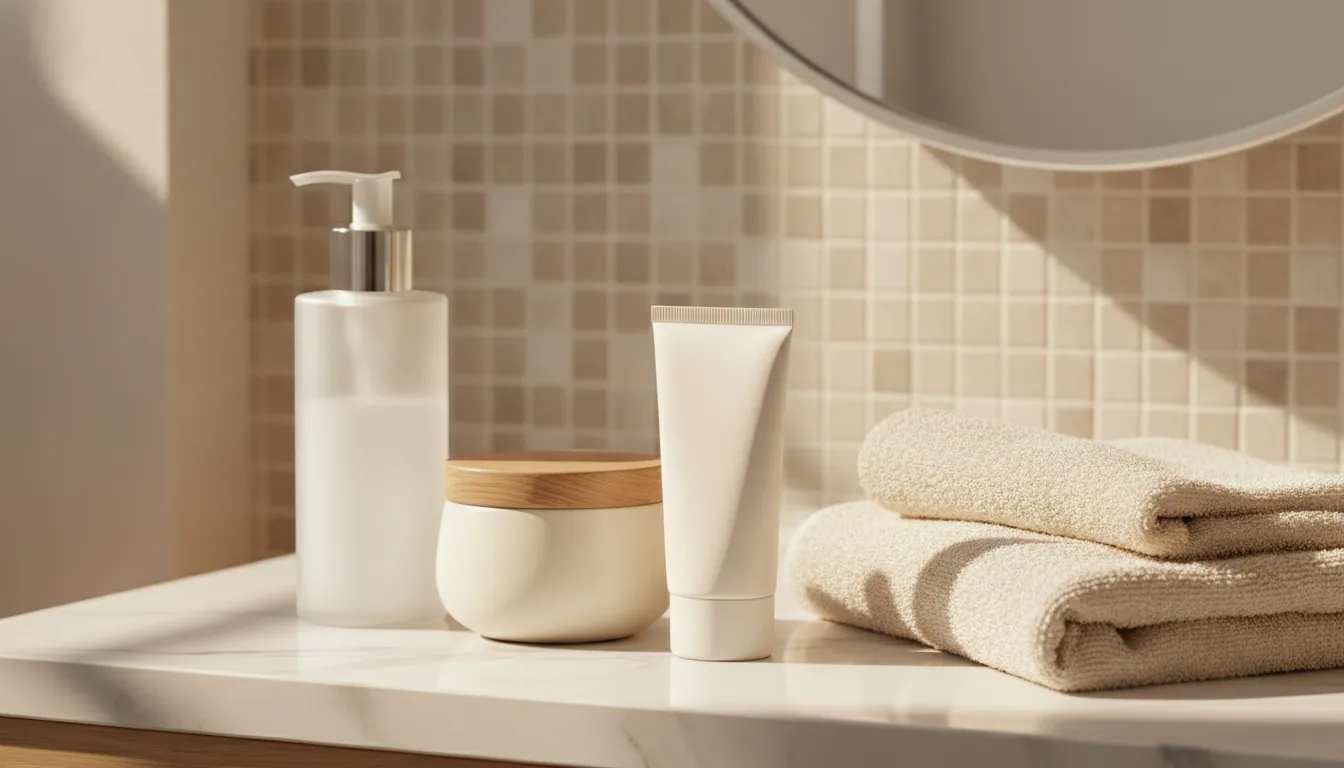 Skincare routine essentials arranged on a bathroom vanity