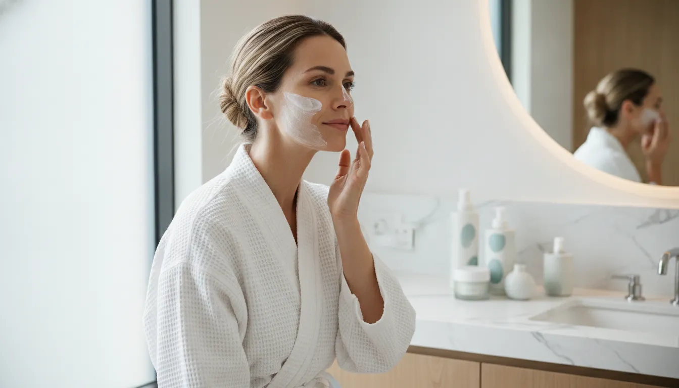 Woman applying broad-spectrum sunscreen to her face and neck in the morning