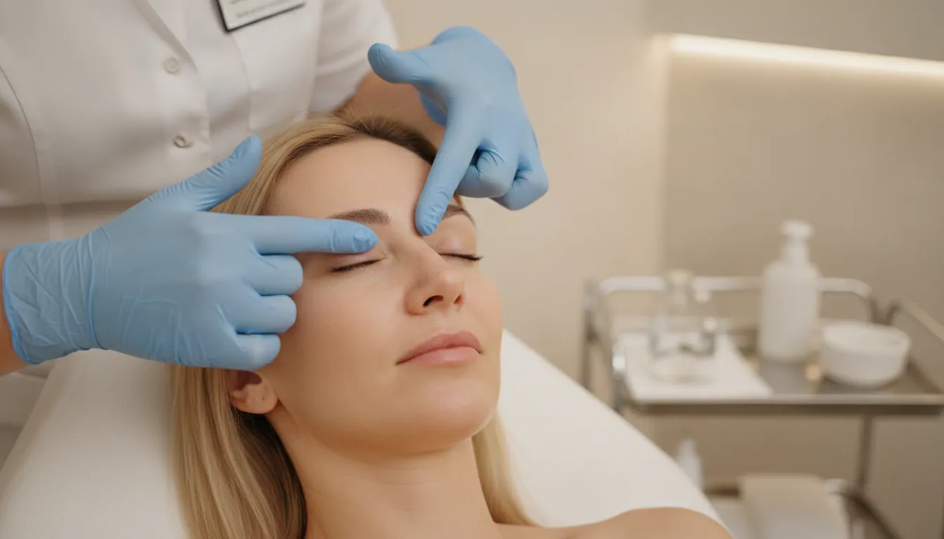 Medical professional examining a patient's under-eye area at a modern medical spa in Pittsburgh