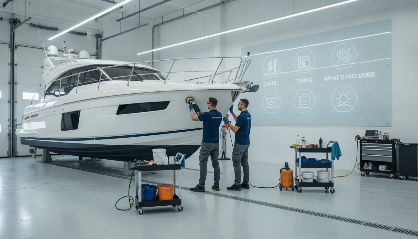 Professionals polishing a yacht during boat detailing in a clean workshop.