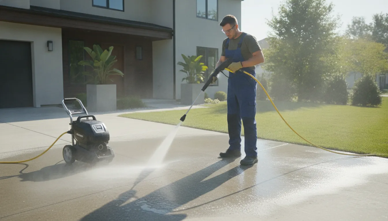 Man power washing a driveway with a pressure washer to remove dirt and grime.