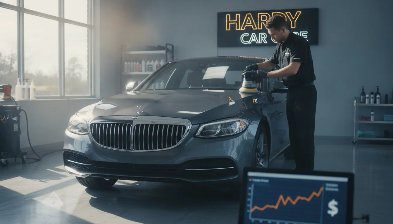 Professional machine-polishing a car’s exterior.