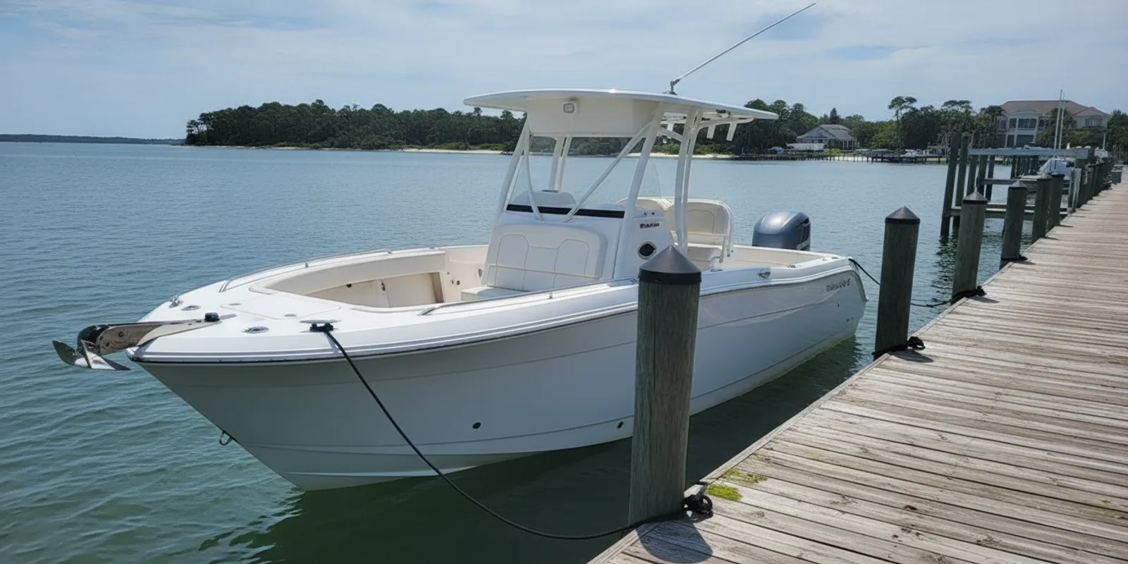 A clean boat exterior and tidy seating presented at the water