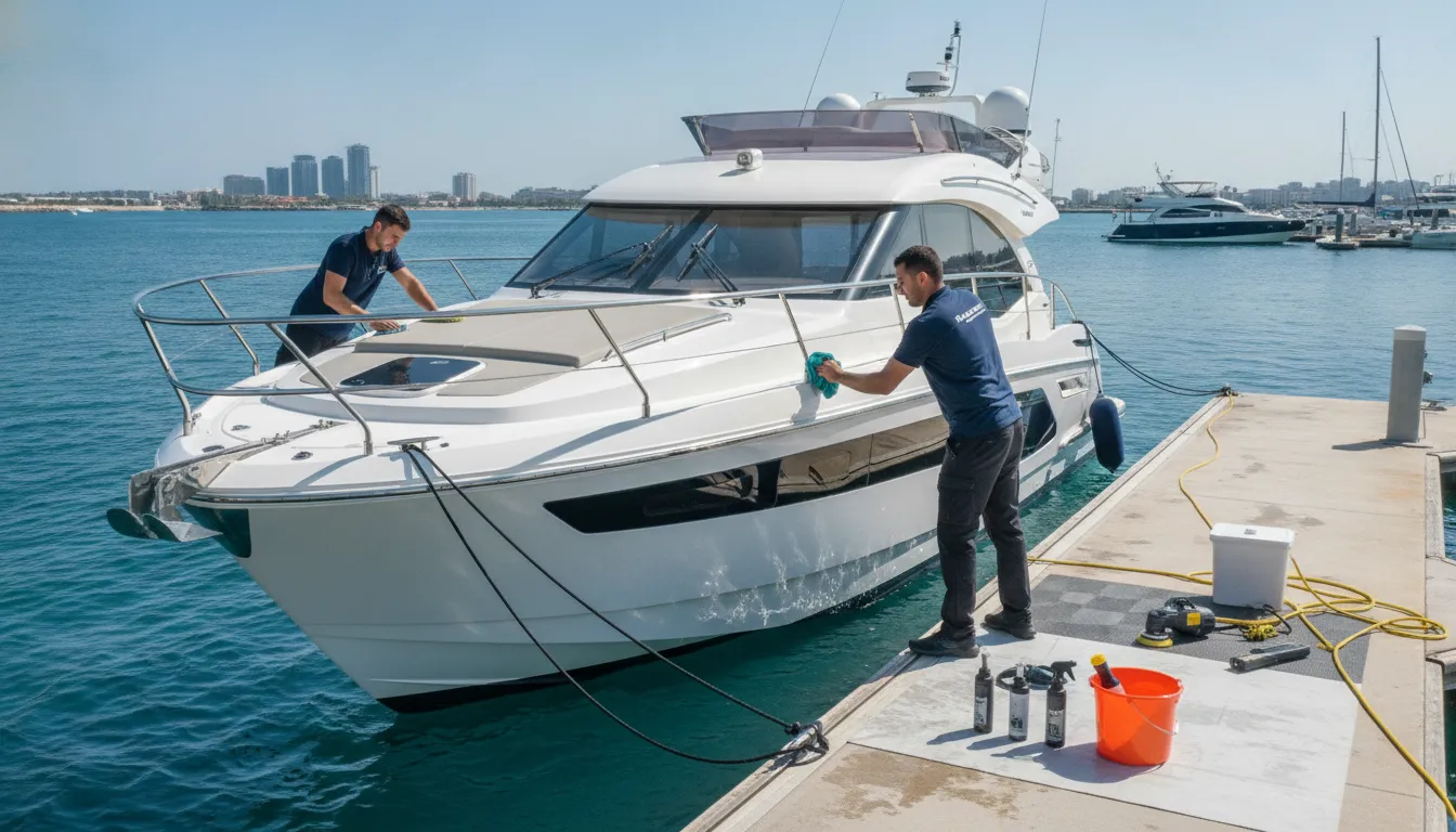 Two people cleaning and polishing a boat's exterior at a marina dock.
