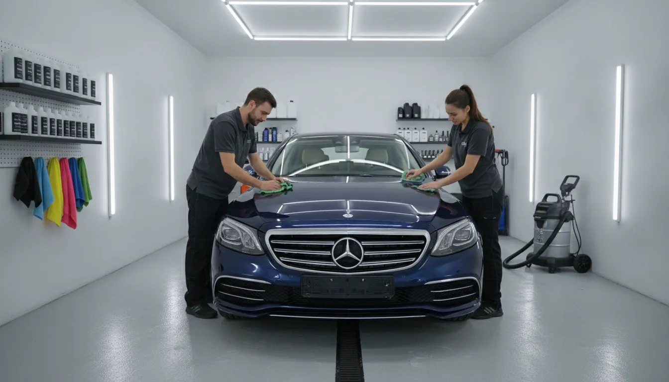 Two people detail a blue Mercedes-Benz at home with microfiber towels.