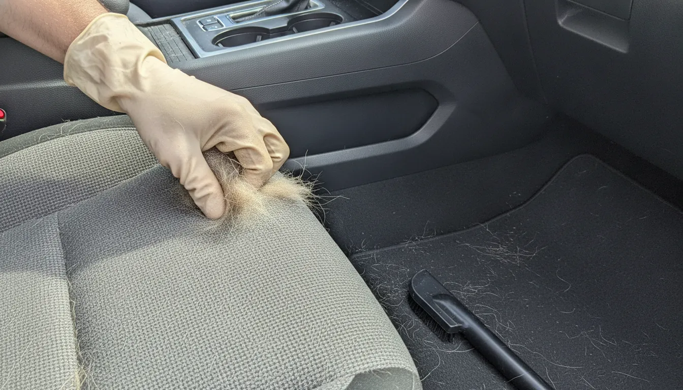 A gloved hand removing pet hair from car seats and carpet beside a vacuum crevice tool