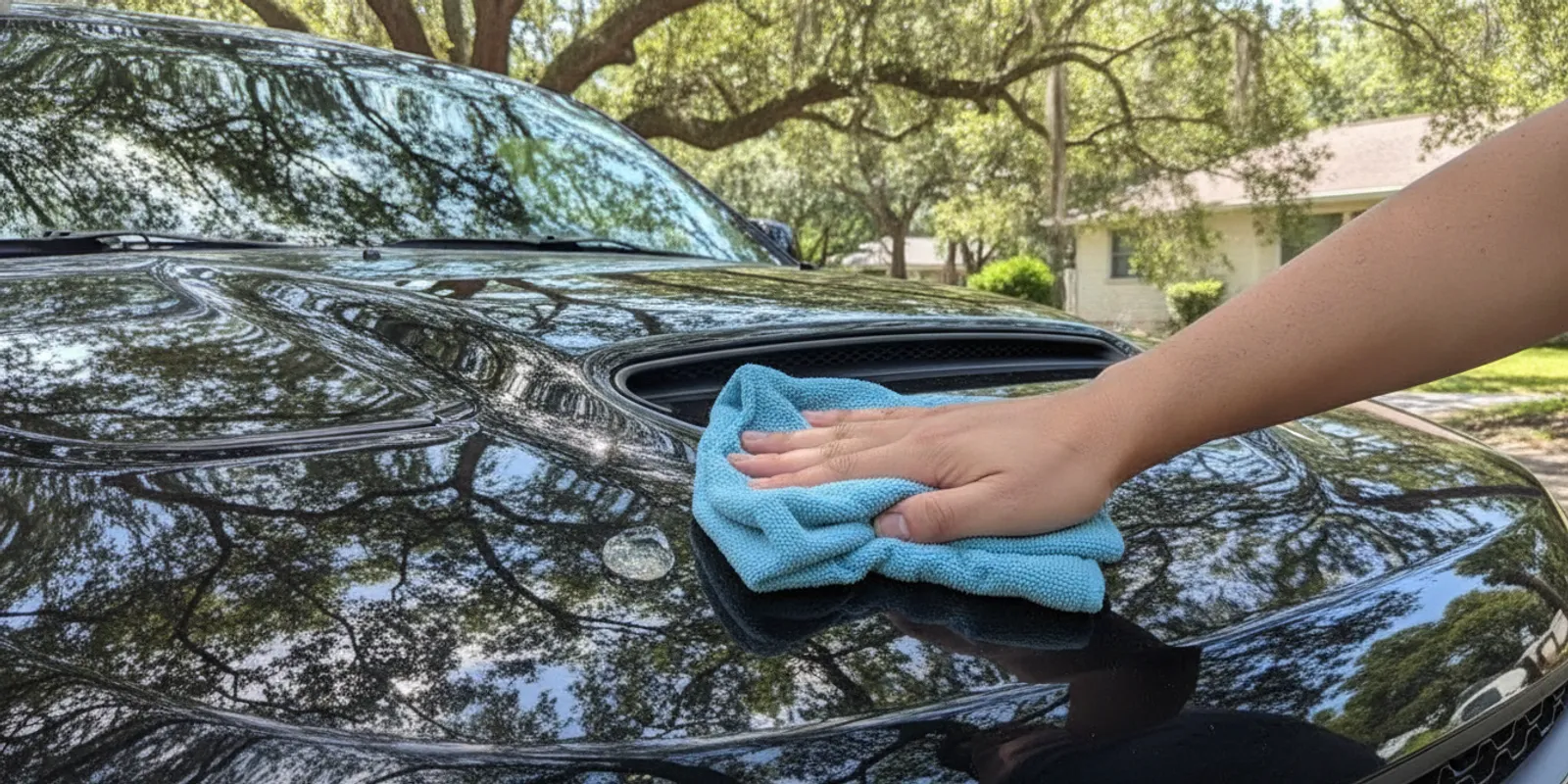 Close view of tree sap being gently cleaned from a car's painted surface