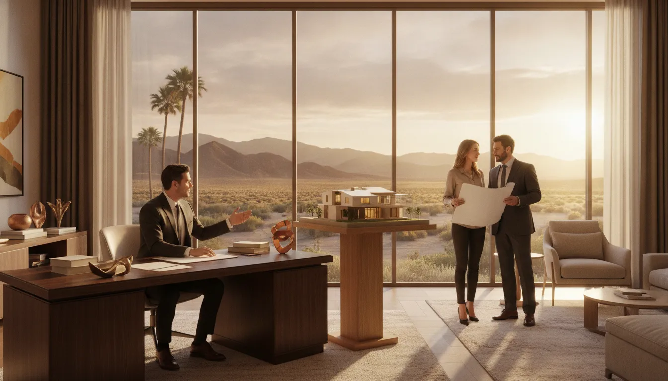 Luxury modern home office in Henderson where a real estate consultant meets with a client reviewing financial documents
