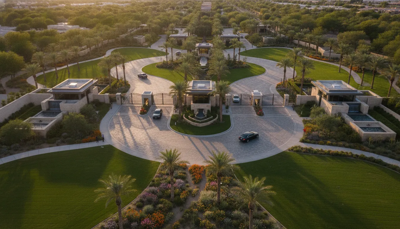 Aerial view of luxury gated community entrance in Henderson with manicured landscapes and mountain backdrop