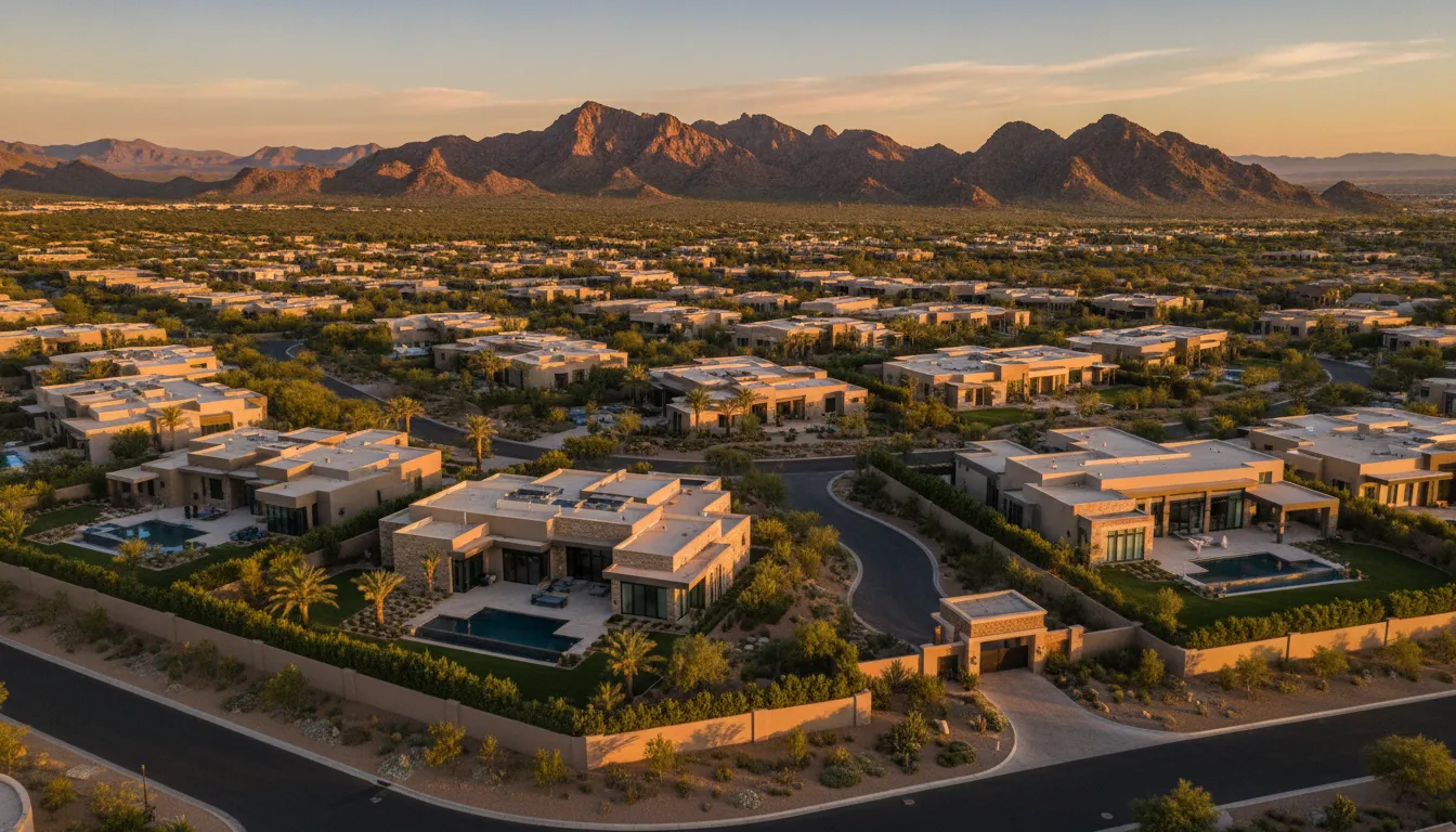 Aerial view of luxury gated community in Henderson Nevada with mountain backdrop at golden hour