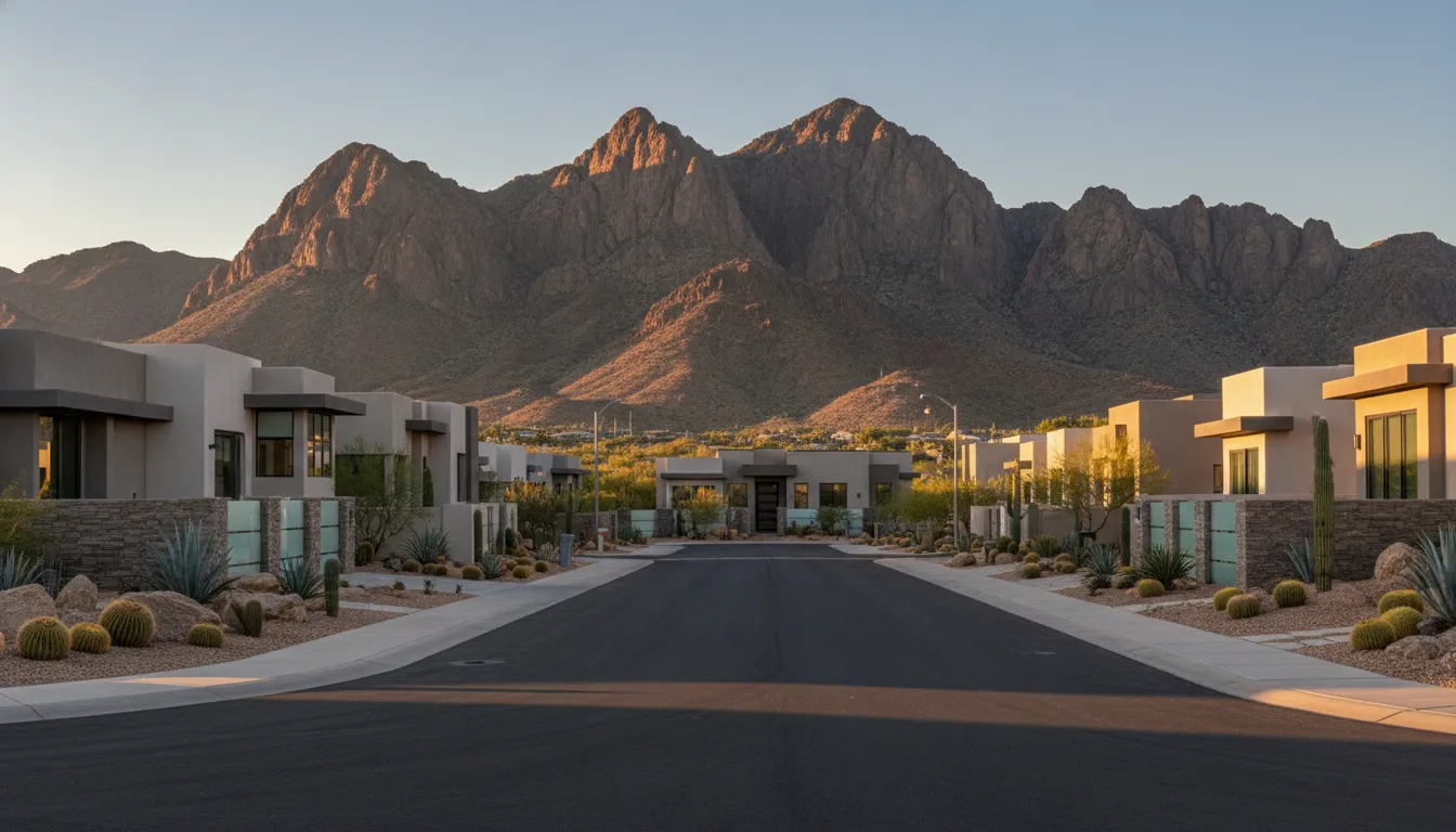 Upscale Henderson Nevada community with desert landscaping and mountain views