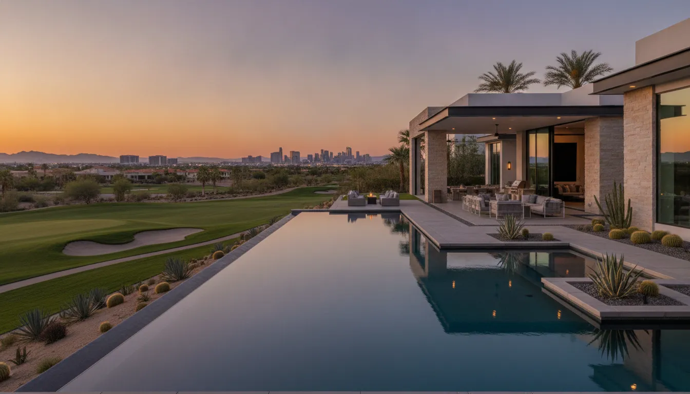 Luxury modern custom estate home in Henderson with a pool and golf course views at golden hour