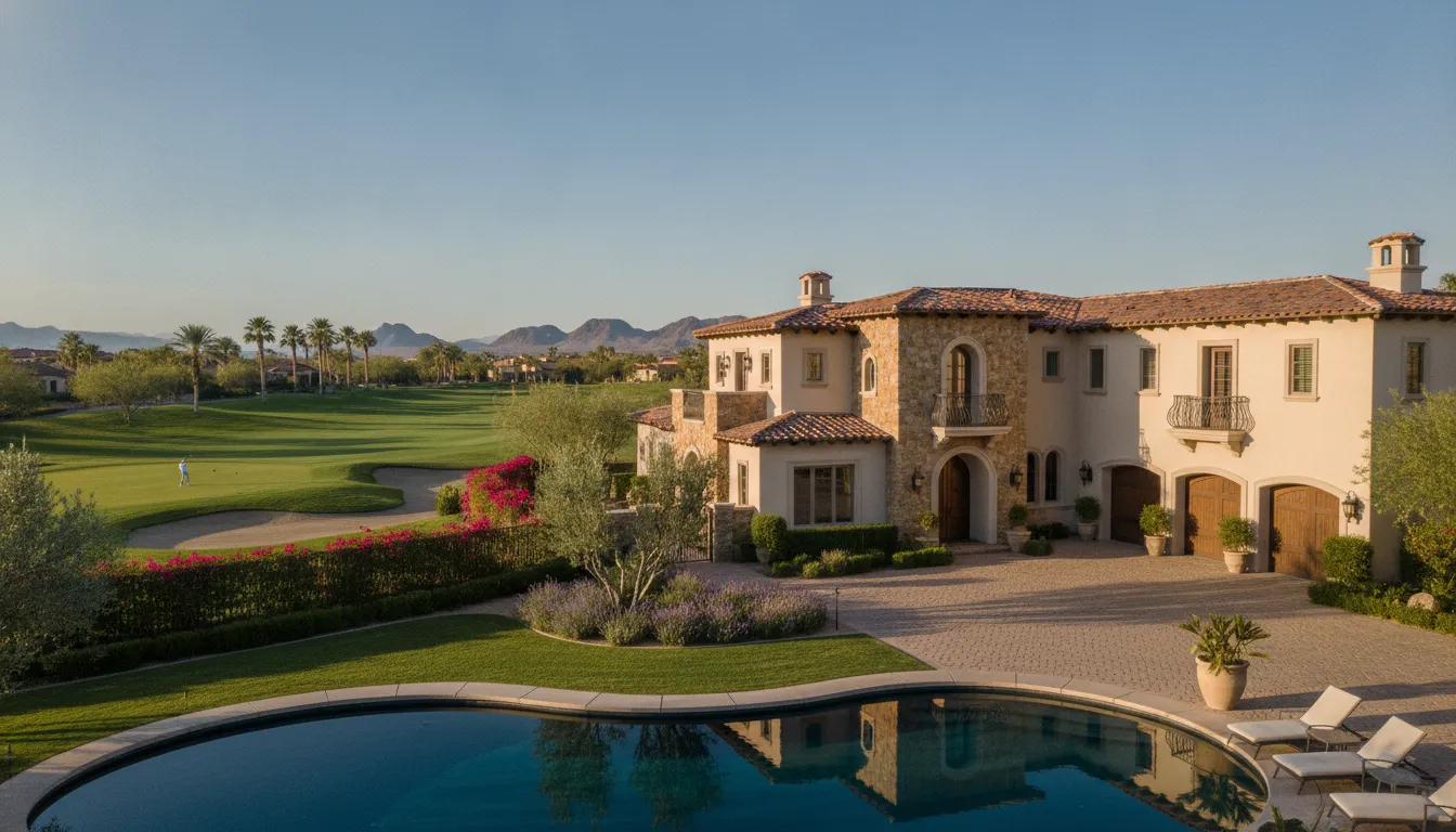 Luxury Mediterranean-style home on a golf course in a gated Henderson community, manicured fairway and desert landscaping in spring