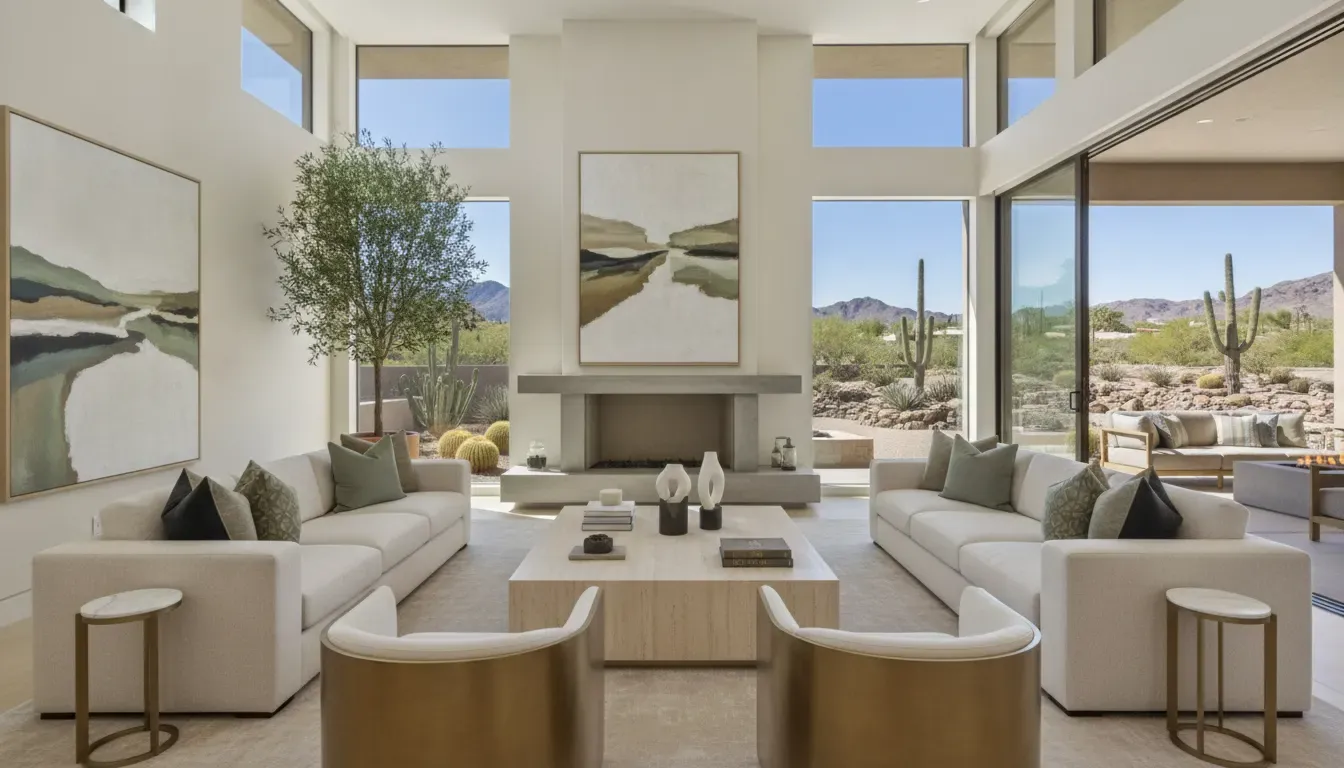Staged Green Valley Las Vegas luxury home great room with desert views