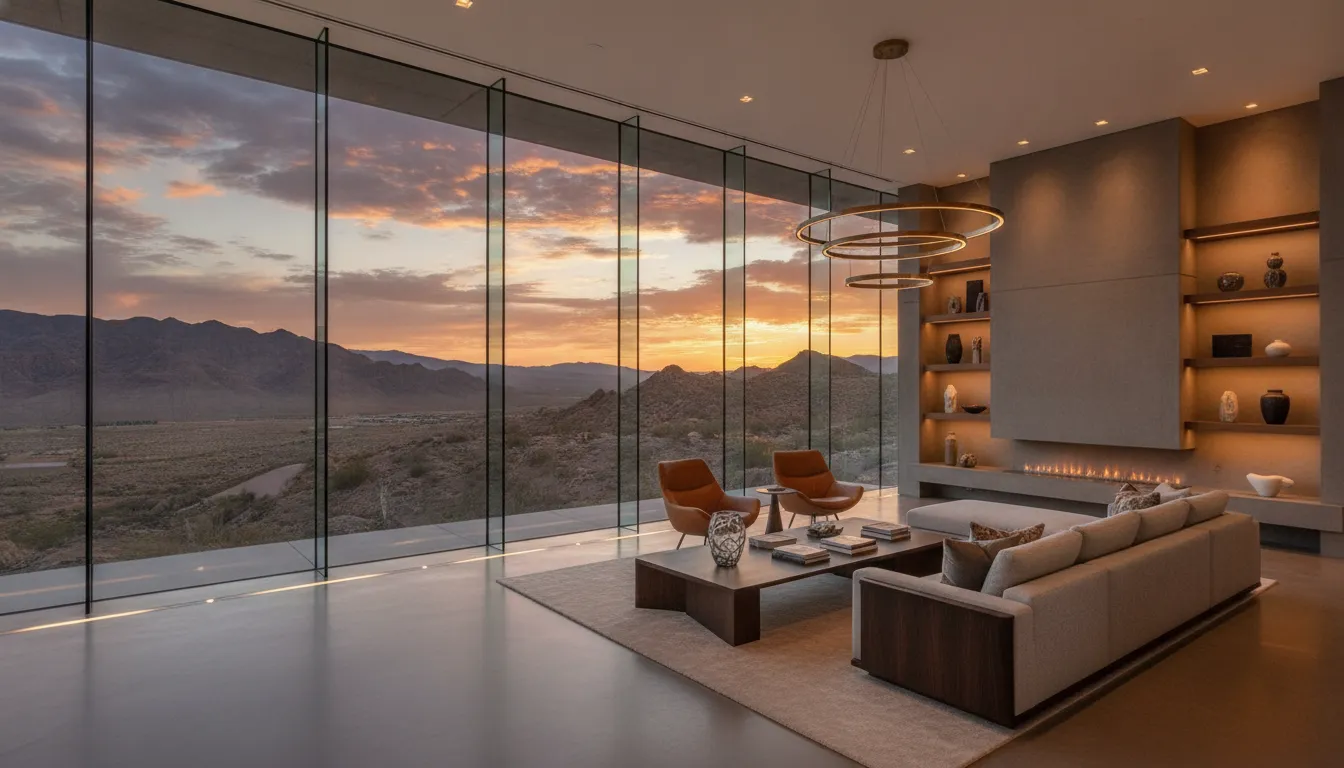 Luxury modern home interior in Henderson Nevada with floor-to-ceiling windows framing desert mountain views