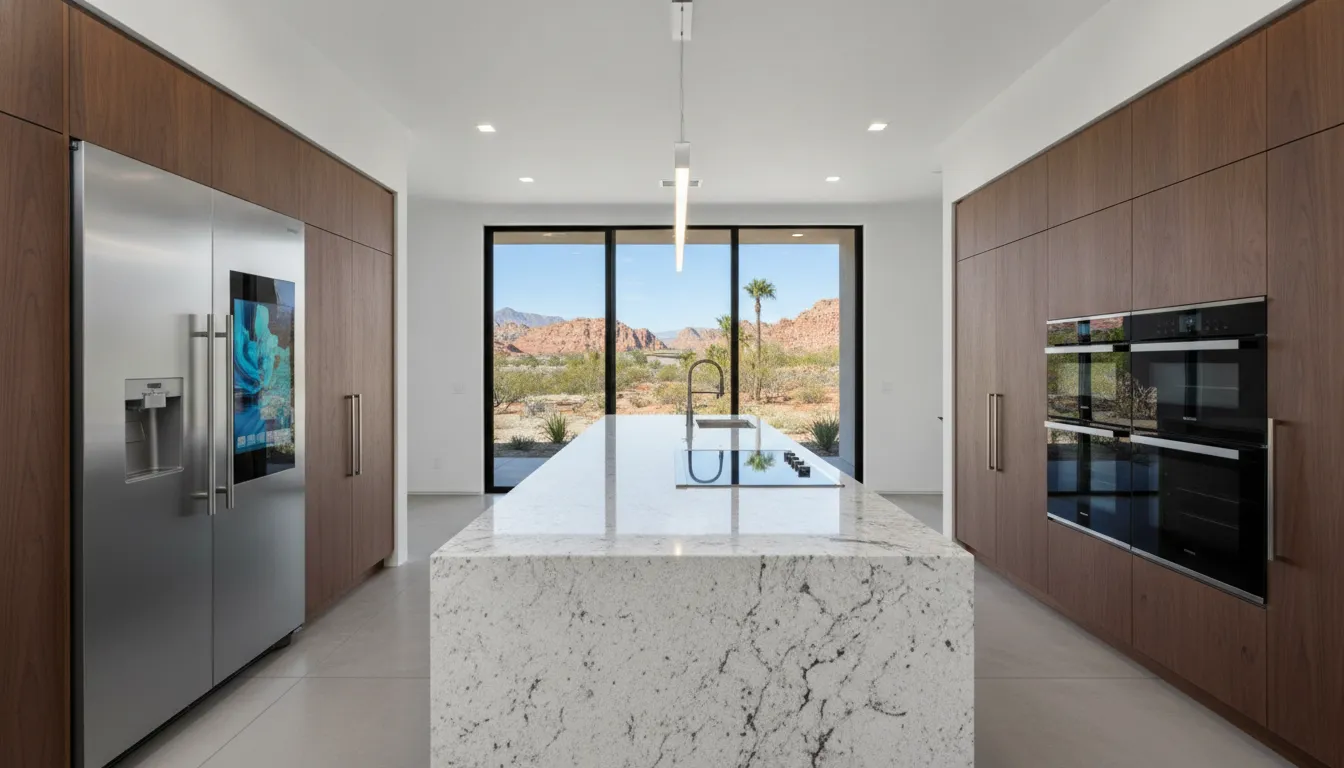 Modern luxury Henderson kitchen with smart appliances, touchscreen refrigerator, granite countertops, and open floor plan