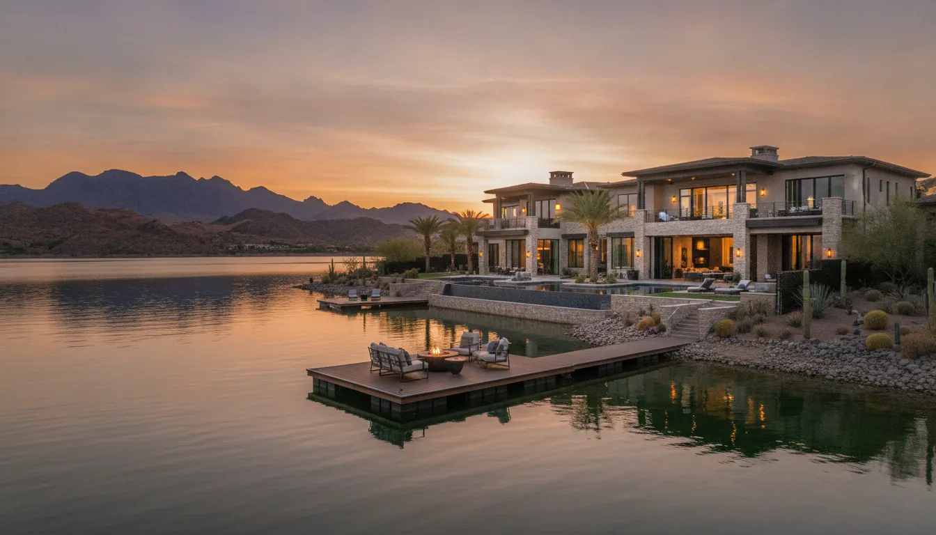 Elegant lakefront luxury home on Lake Las Vegas at golden hour with dock and calm water in foreground