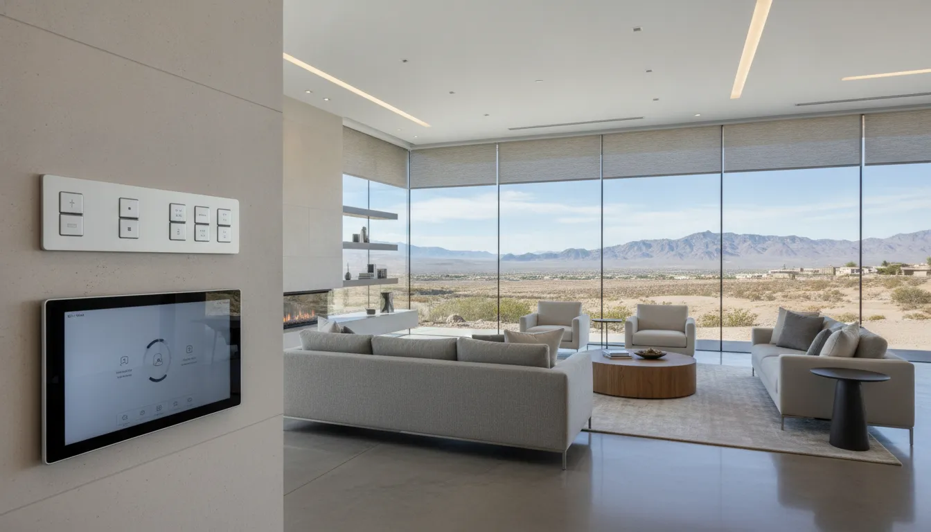 Luxury living room with automated Lutron lighting keypads and motorized shades on large windows overlooking Henderson Nevada mountains