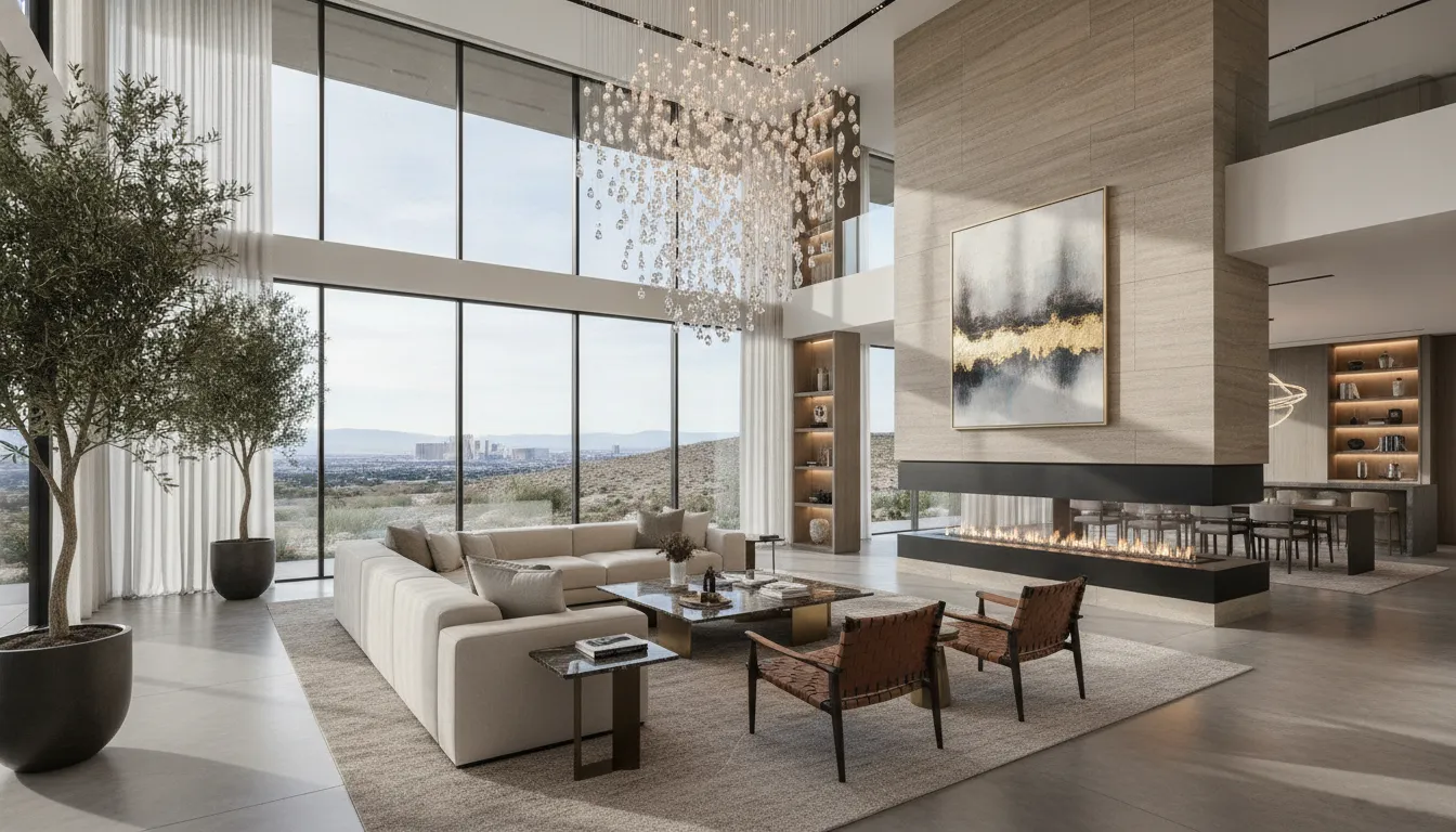 Luxurious modern living room with high ceilings and floor-to-ceiling windows in a Henderson Nevada luxury estate home