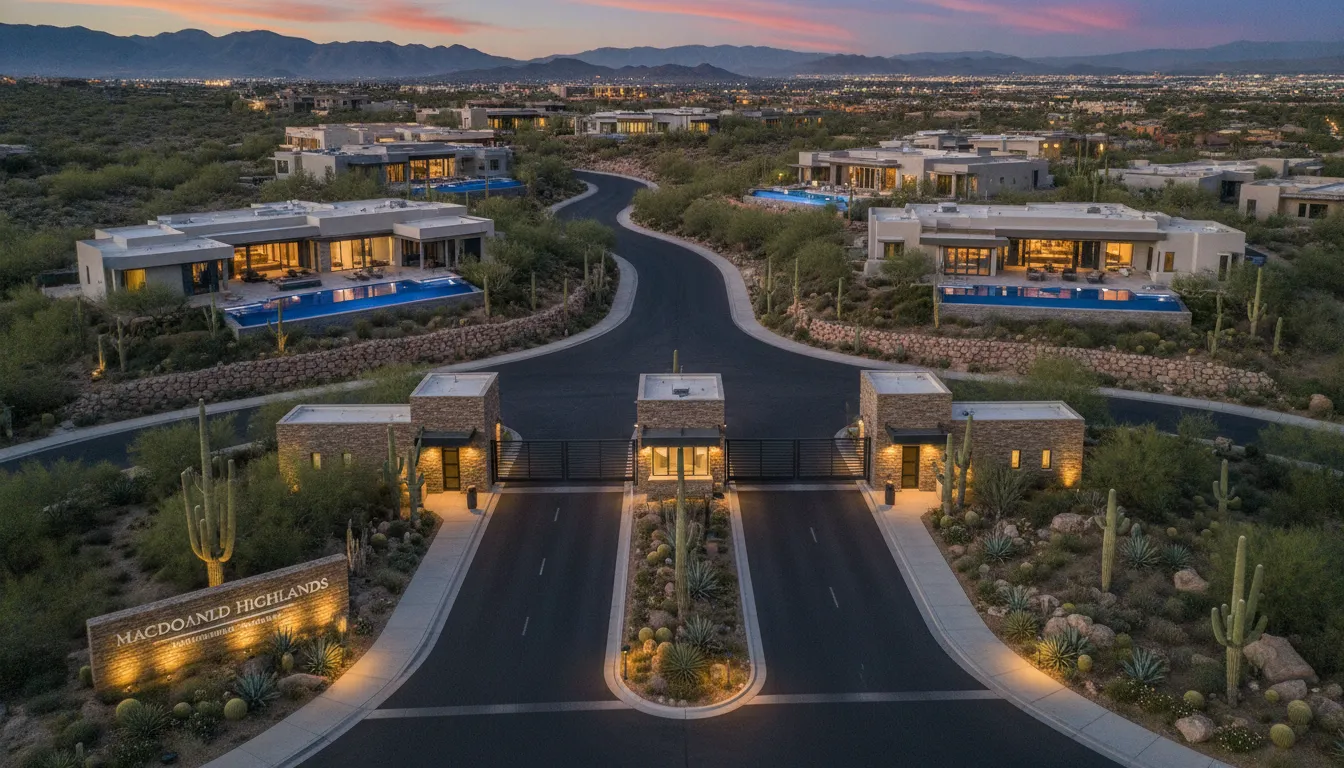 Aerial view of custom luxury estate homes and the guard-gated entrance in MacDonald Highlands Henderson Nevada with desert landscaping