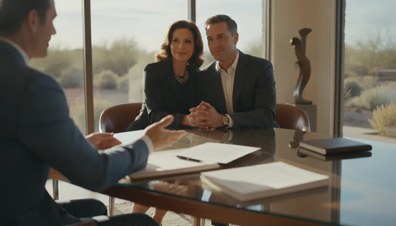 Luxury seller and buyer agent reviewing offer terms together inside a modern Henderson home office