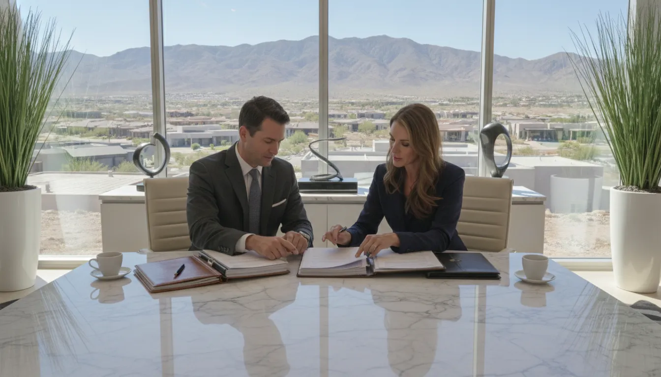 Real estate agents reviewing offer documents at a conference table, Henderson luxury home listing consultation
