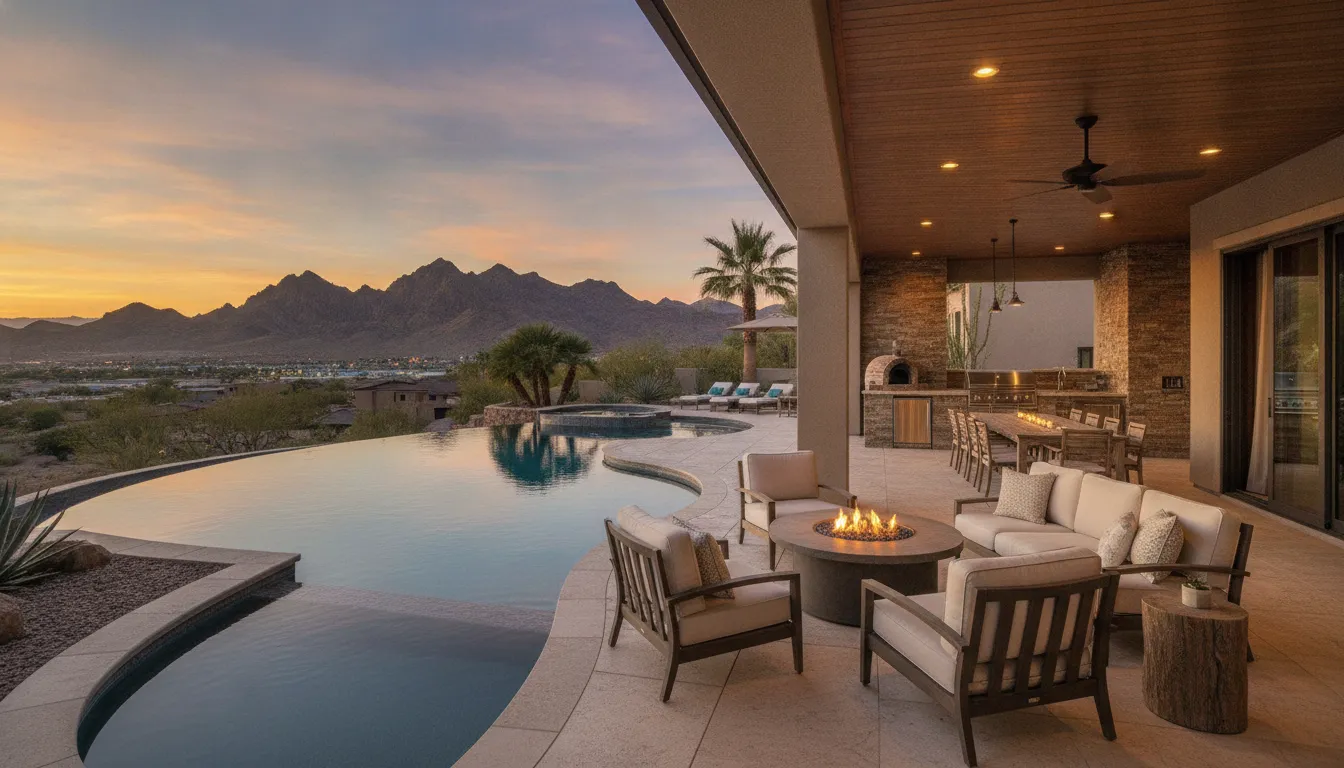 Luxury Henderson home with a beautifully staged pool area, covered patio with lounge seating, and desert mountain views